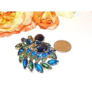Stunning Blue and Green Rhinestone‎ Brooch, Vintage Rhinestone Brooch,